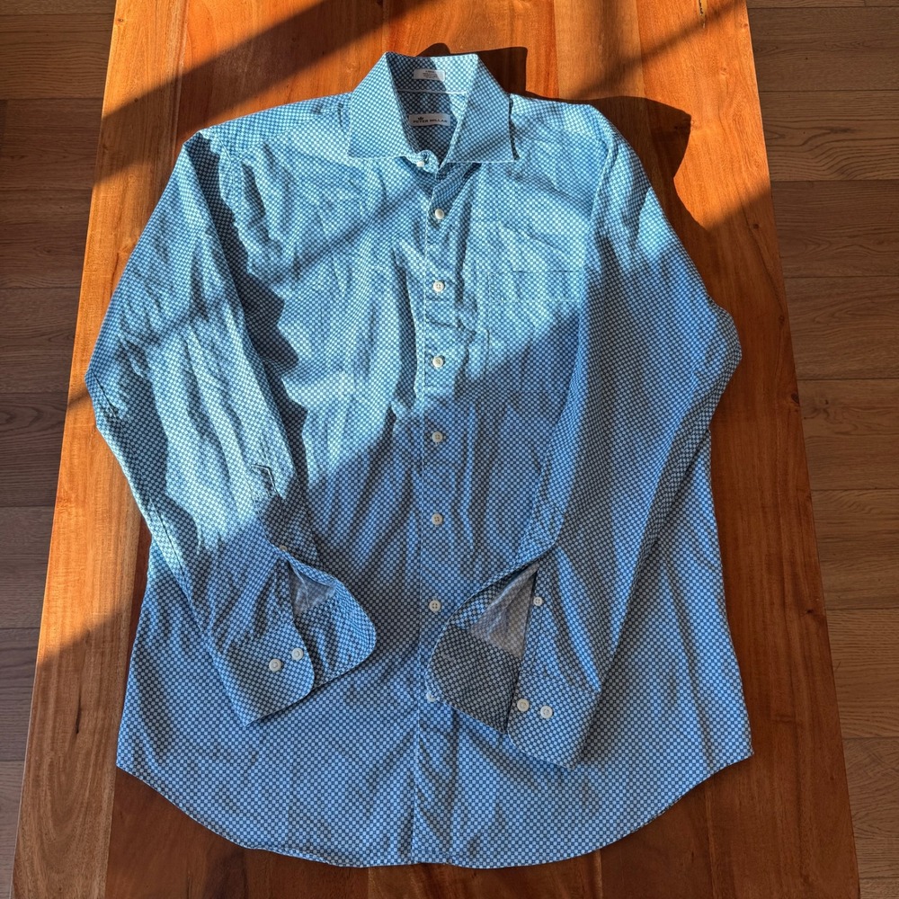 Peter Millar Men's Blue/White Long Sleeve Dress Shirt Size L